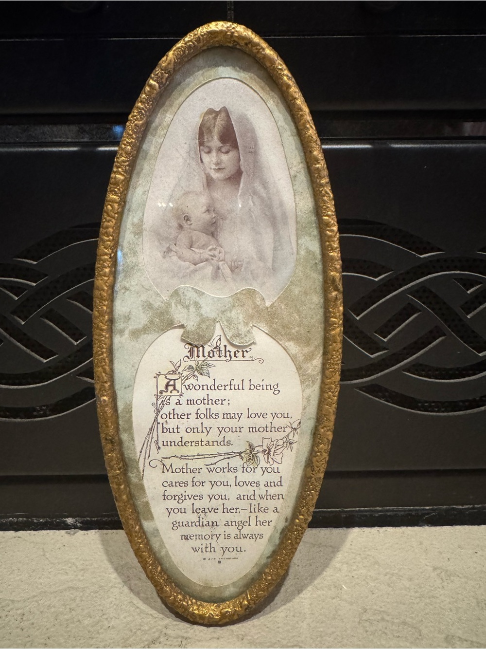 Vintage Art Deco Gold Oval Framed Mother & Child Print 8” X 3.2”